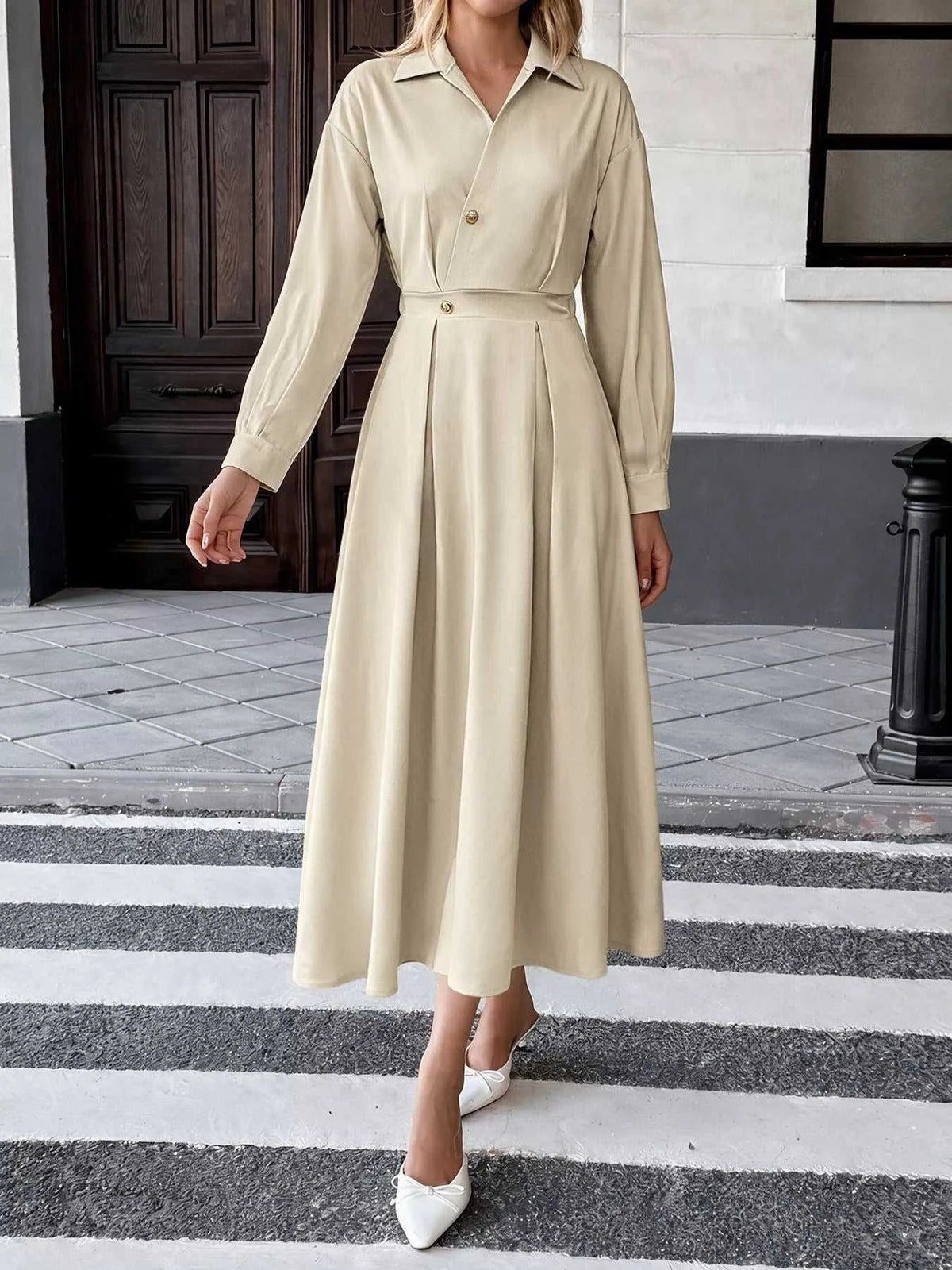 Pleated Button Detail Long Sleeve Shirt Dress 101001048648806 56 Affordable Fashion Under $100 Jerry's Apparel 