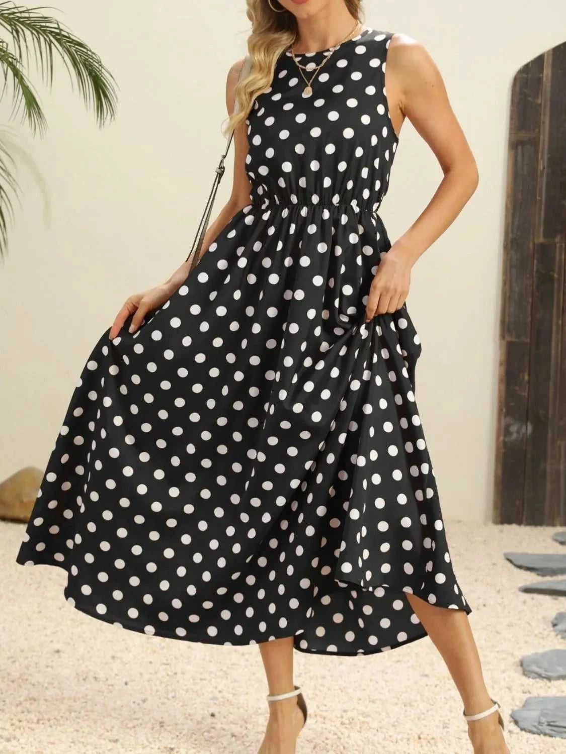 Polka Dot Round Neck Sleeveless Midi Dress 100100597597604 26 Affordable Fashion Under $100 Jerry's Apparel 