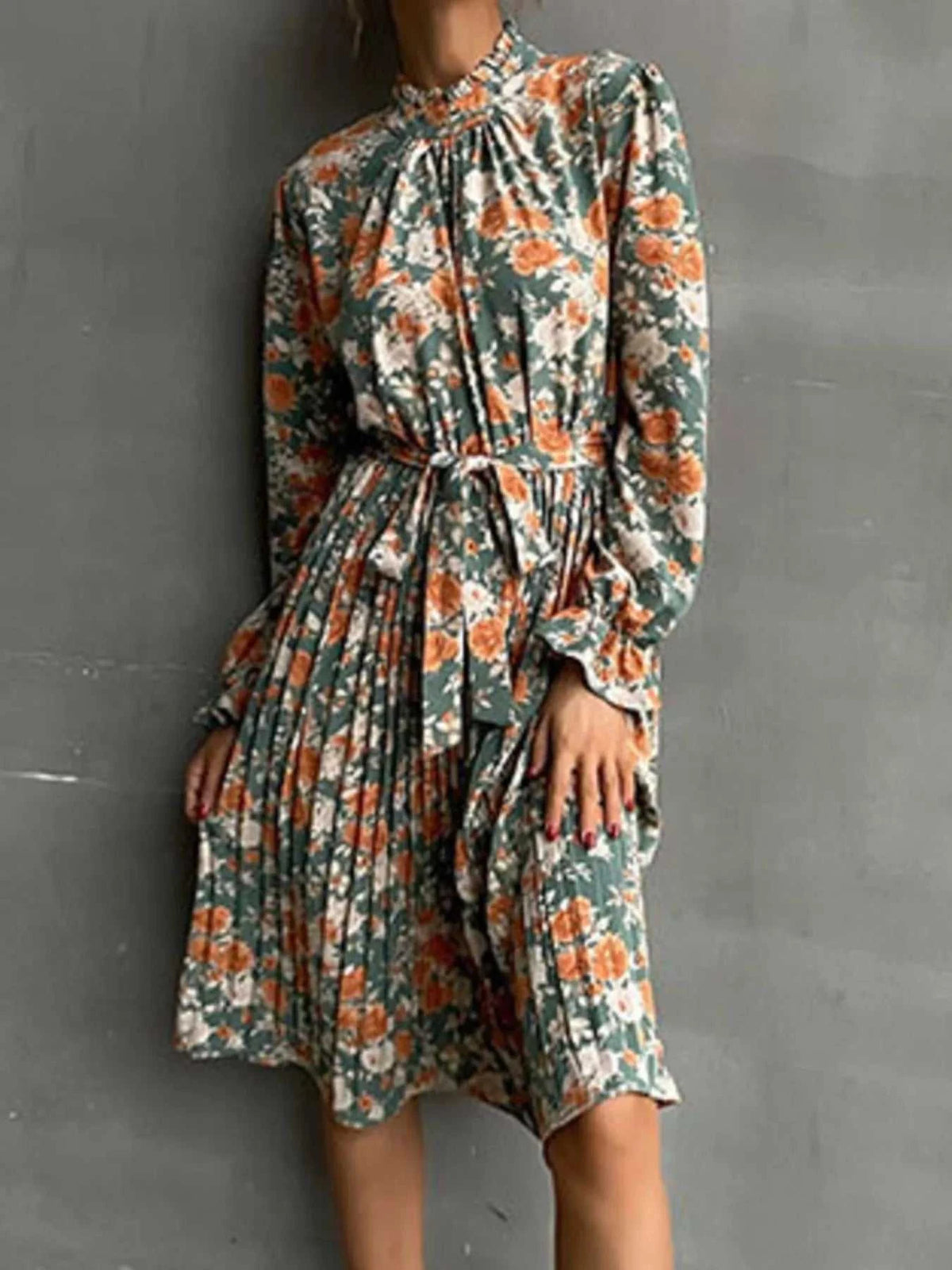 Floral Print Long Sleeve Pleated Midi Dress 100100269493915 46 Women's Midi Dress Affordable Boutique Dresses Under $50 Jerry's Apparel 