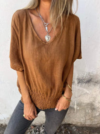 Full Size Smocked Hem V-Neck Relaxed Fit T-Shirt Plus Size