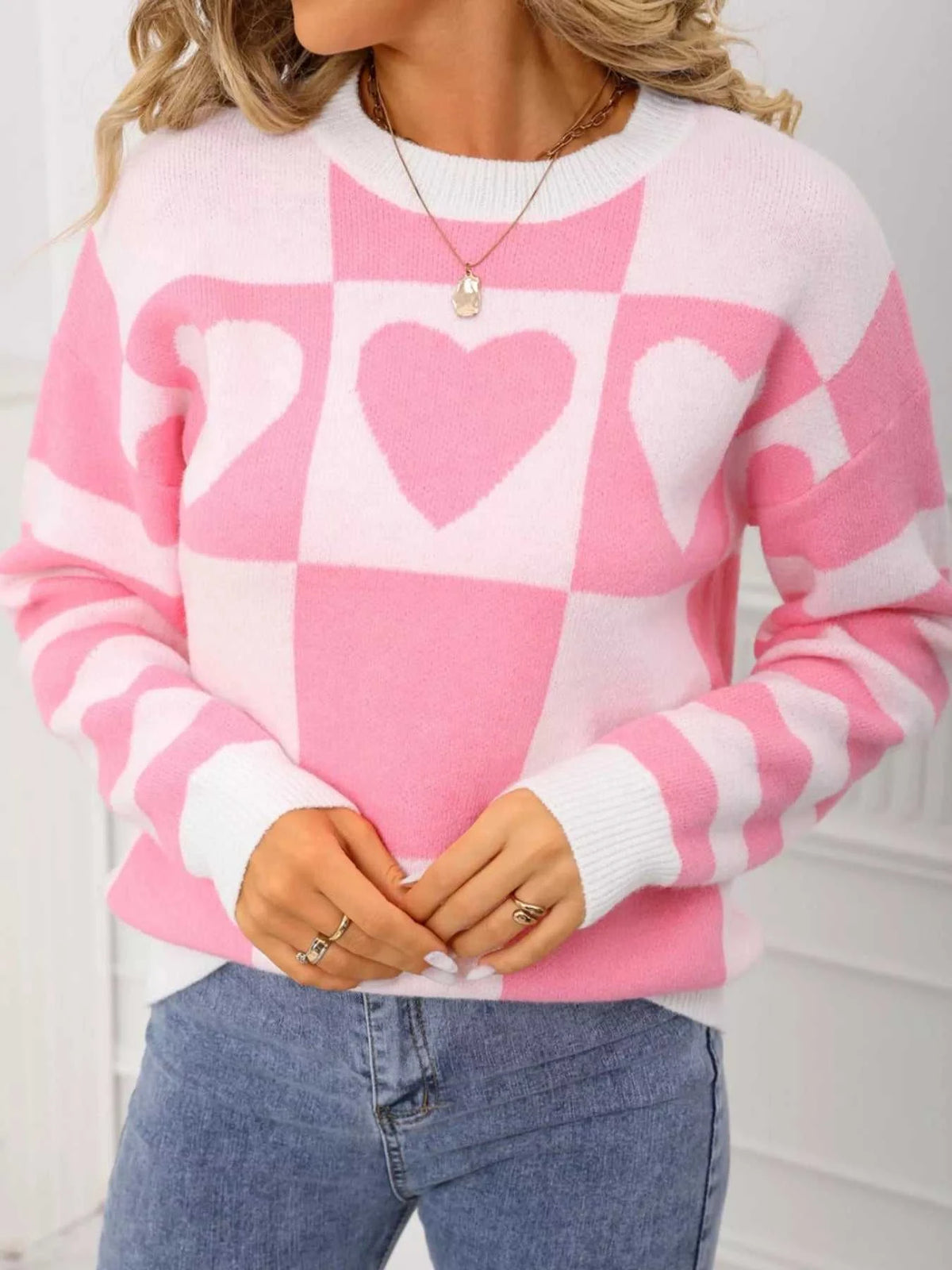 Heart Pattern Checkerboard Knit Sweater 100100337123266 46 Affordable Fashion Under $100 Jerry's Apparel 