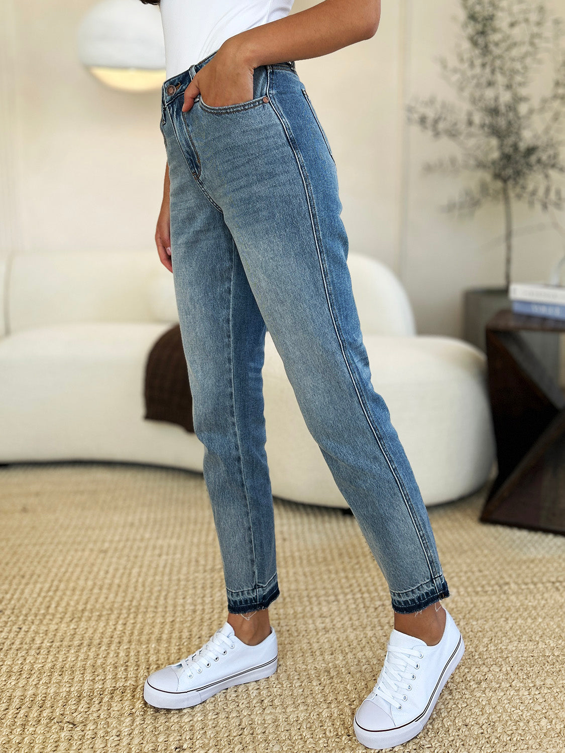 Full Size Mid Rise Rigid Magic Release Hem Jeans