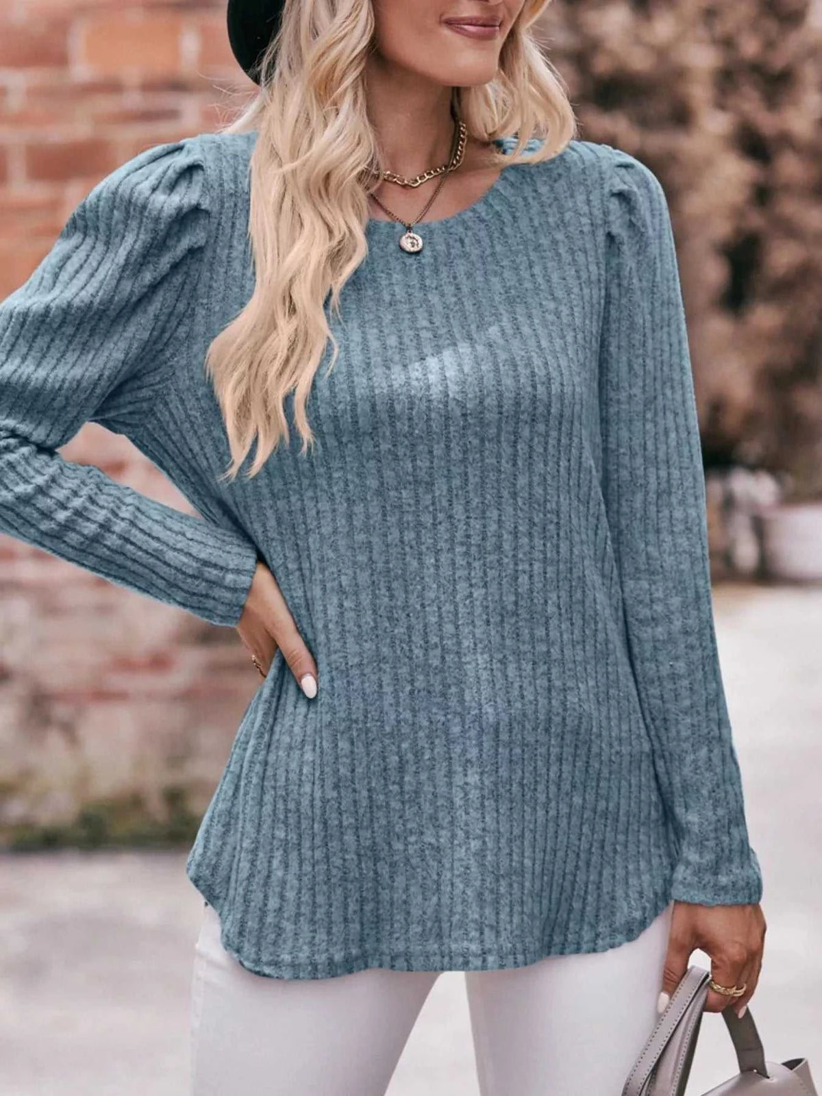 Ribbed Knit Puff Sleeve T-Shirt 100100962471478 28 Affordable Fashion Under $100 Jerry's Apparel 