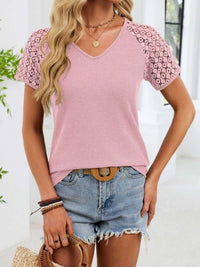 Lace Sleeve V-Neck Waffle Knit T-Shirt 100100150990299 25 Affordable Fashion Under $100 Jerry's Apparel 