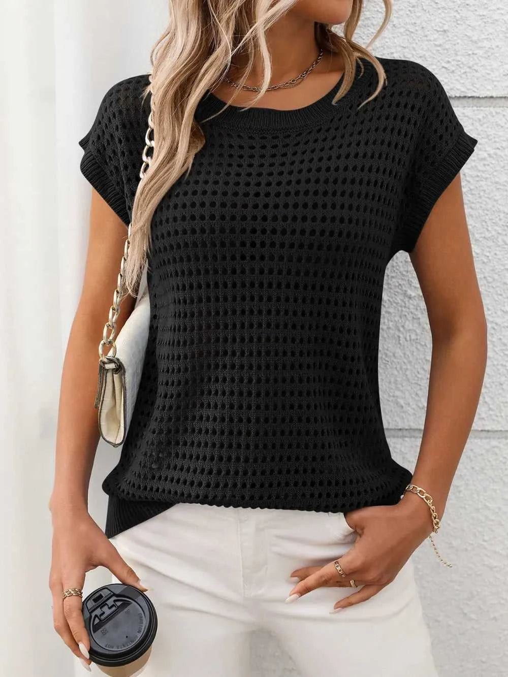 Openwork Round Neck Short Sleeve Knit Cover Up 100100244781953 22 Affordable Fashion Under $100 Jerry's Apparel 
