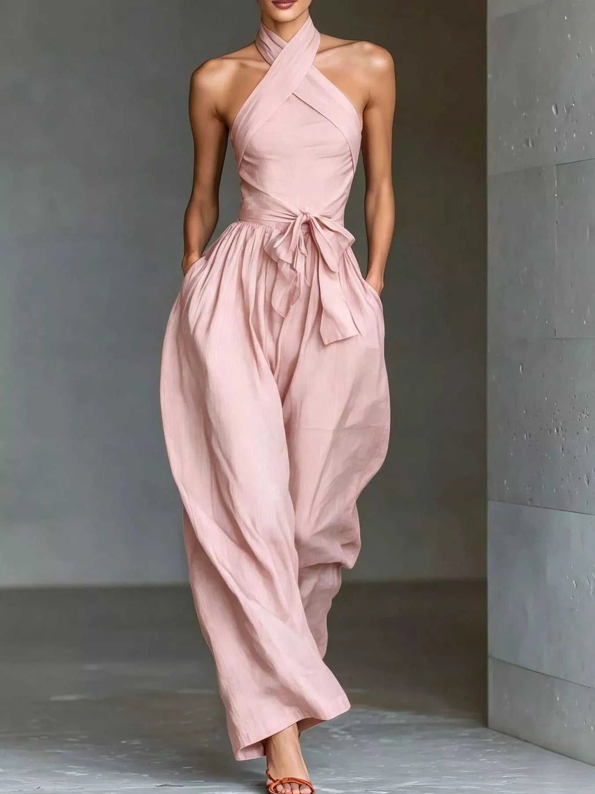Halter Neck Wide-Leg Jumpsuit with Waist-Tie Detail 101001566820821 48 Affordable Fashion Under $100 Jerry's Apparel 