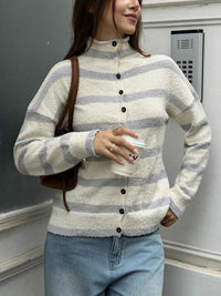 Striped Mock Neck Button-Down Textured Cardigan 101002484297323 53 Affordable Fashion Under $100 Jerry's Apparel 