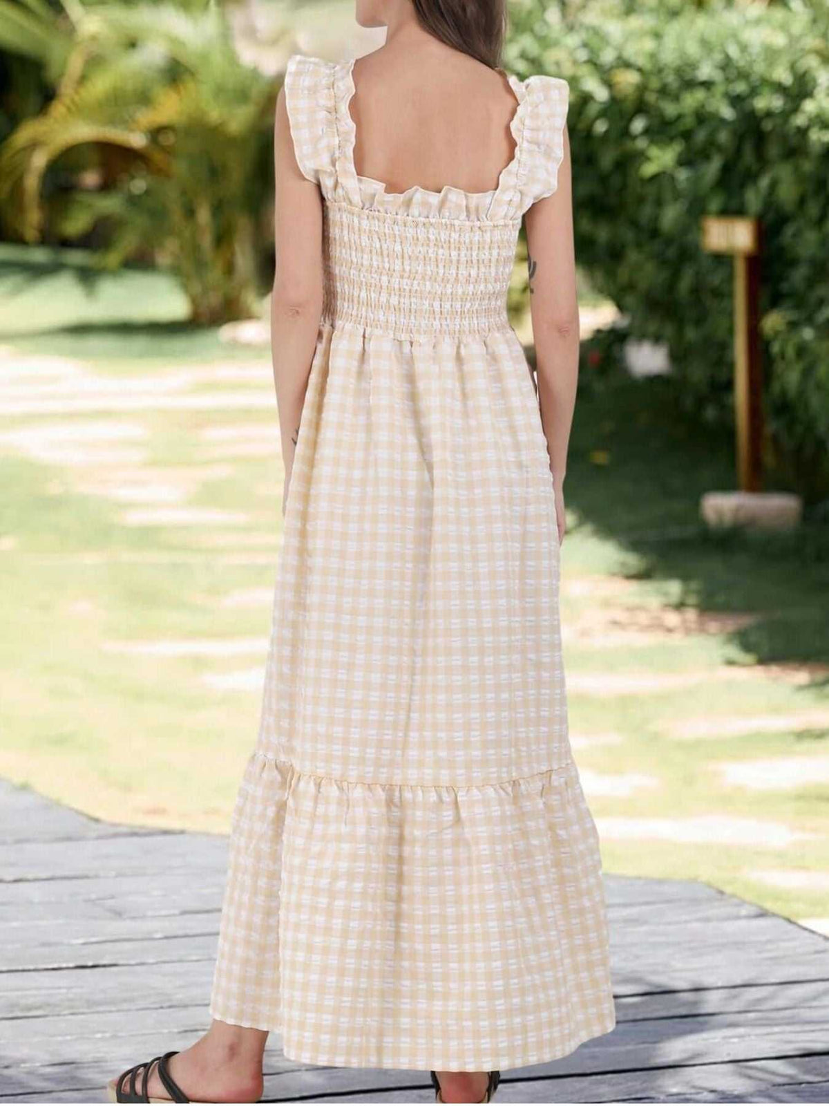 Ruffled Sleeveless Gingham Midi Dress 100100350034223 45 Affordable Fashion Under $100 Jerry's Apparel 