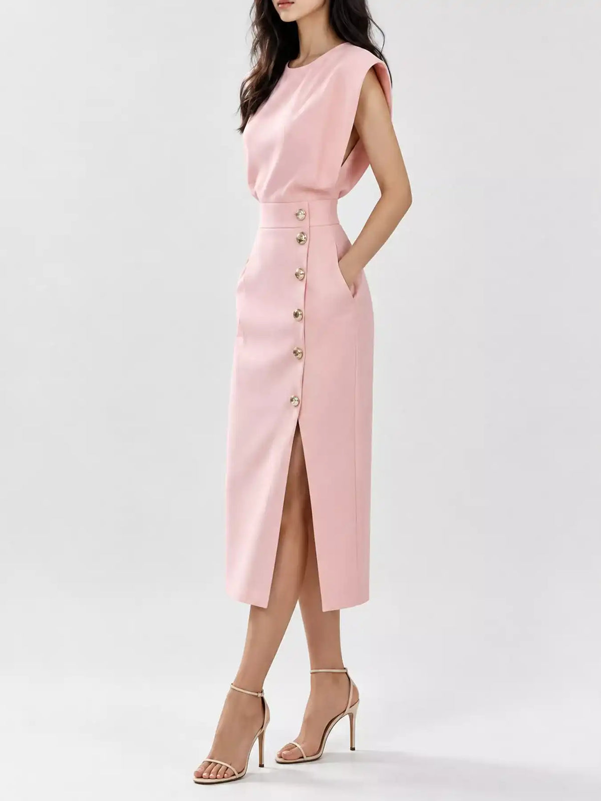 Sleeveless Midi Dress with Gold Button Detail and Side Slit 101001590890082 42 Affordable Fashion Under $100 Jerry's Apparel 