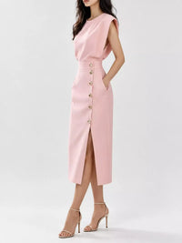 Sleeveless Midi Dress with Gold Button Detail and Side Slit 101001590890082 42 Affordable Fashion Under $100 Jerry's Apparel 
