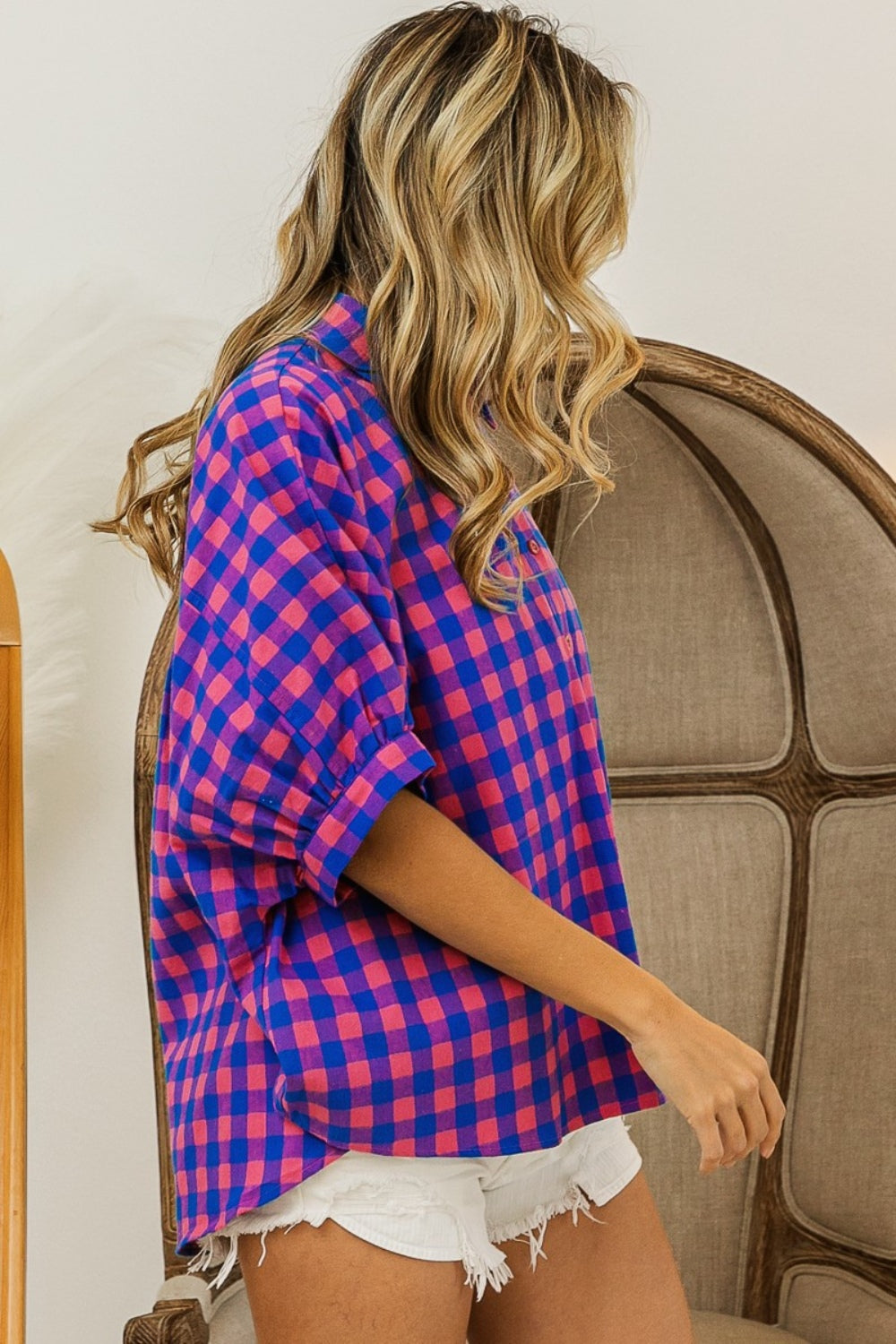 Plaid Button Up Dolman Sleeve Shirt