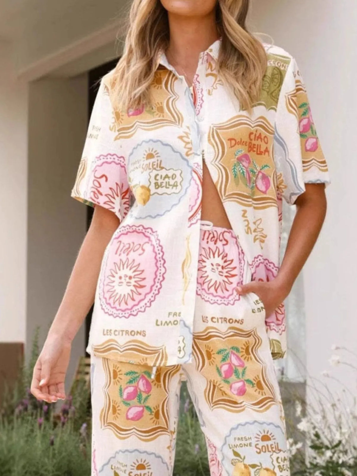 Printed Button Up Shirt and Pants Set
