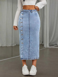 Side Button Slit Denim Midi Skirt 101003199361379 43 Women's Skirts Affordable Fashion Under $100 Jerry's Apparel 