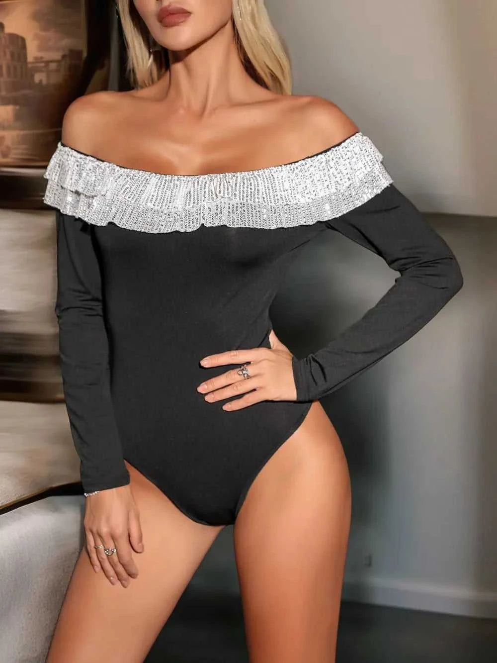 Perfee Sequin Ruffled Off-Shoulder Long Sleeve Bodysuit 100100270941605 24 Affordable Fashion Under $100 Jerry's Apparel 