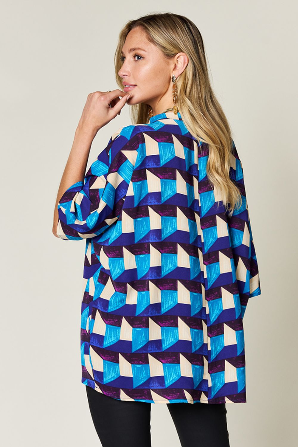 Full Size Geometric Notched Half Sleeve Blouse