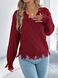V-Neck Distressed Hem Cable Knit Sweater 101002745879602 36 Affordable Fashion Under $100 Jerry's Apparel 