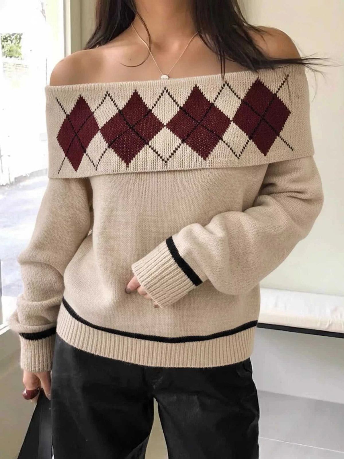 Off-Shoulder Argyle Pattern Sweater 100100066394324 44 Affordable Fashion Under $100 Jerry's Apparel 