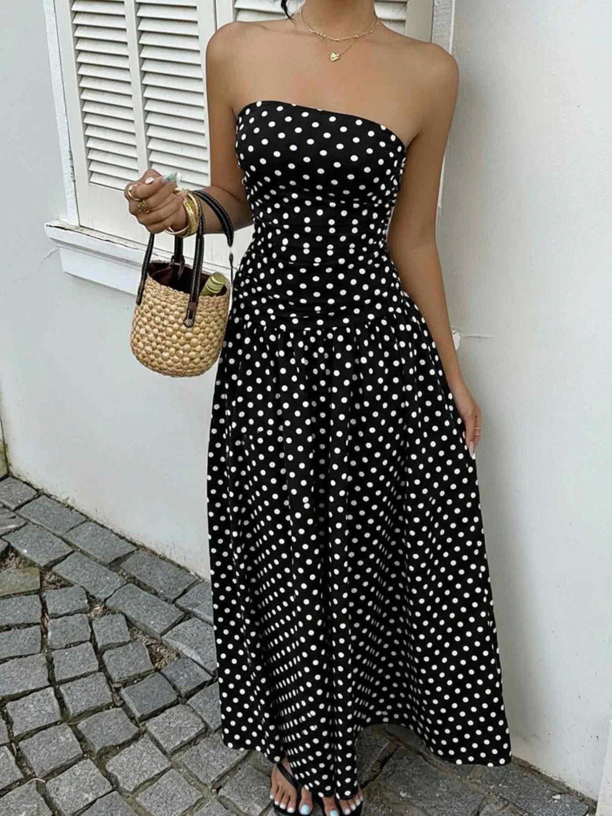 Polka Dot Ruched Strapless Maxi Dress 100100571591283 31 Gifts for Her Jerry's Apparel 