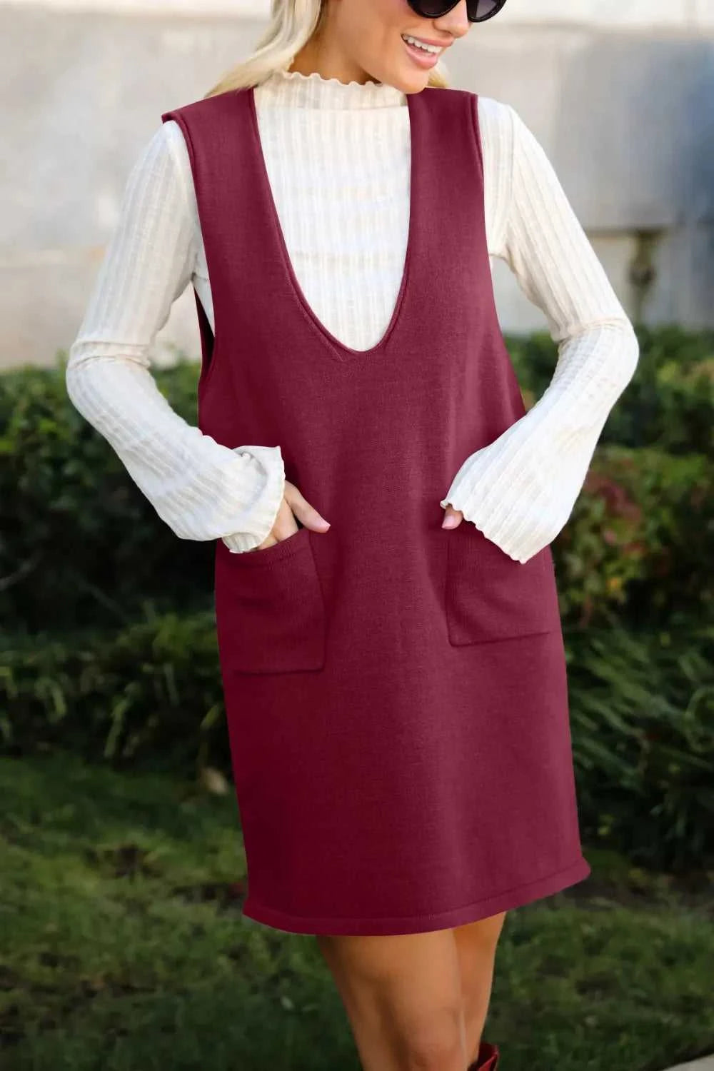 Lovelet Pocketed V-Neck Mini Sweater Overall Dress 100100283761487 35 Affordable Fashion Under $100 Jerry's Apparel 