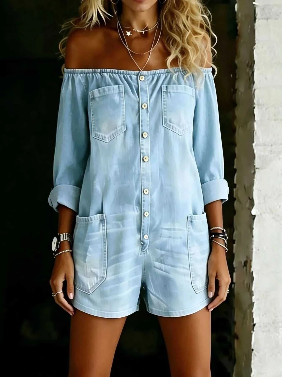 Full Size Button-Down Front Off Shoulder Romper Plus Size 100100291544989 47 Affordable Fashion Under $100 Jerry's Apparel 