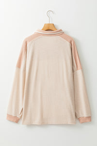 Waffle-Knit Color Block Half Button Long Sleeve Top