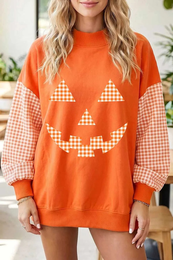 Plaid Sleeve Halloween Pumpkin Face Graphic Sweatshirt 101001791535156 47 Affordable Fashion Under $100 Jerry's Apparel 