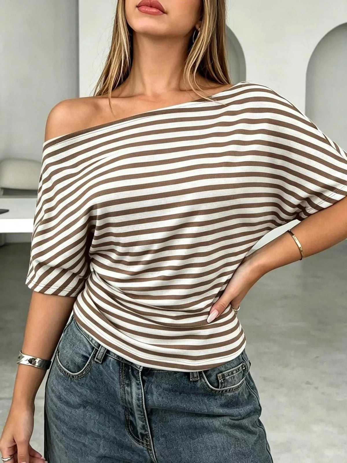 One Shoulder Striped Dolman Sleeve T-Shirt 100100582447121 35 Affordable Fashion Under $100 Jerry's Apparel 
