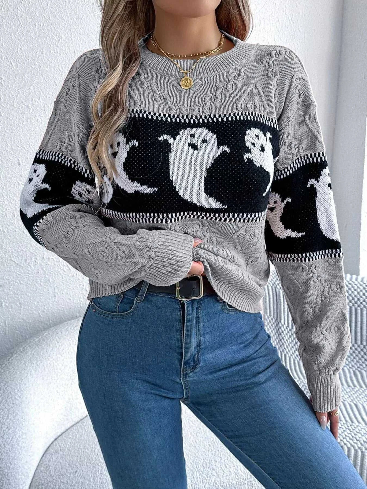 Halloween Ghost Pattern Textured Sweater 101002208811707 37 Affordable Fashion Under $100 Jerry's Apparel 