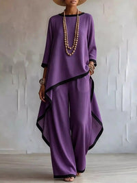 Full Size Contrast Trim High-Low Top and Pants Set Plus Size 101001695377847 67 Women's Pants Set Gifts for Her Jerry's Apparel 
