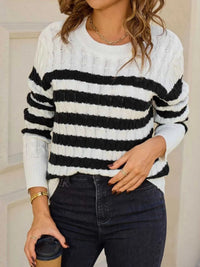 Striped Cable Knit Round Neck Sweater 100100499943508 42 Affordable Fashion Under $100 Jerry's Apparel 