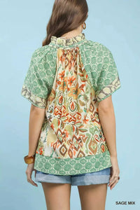 Umgee Mixed Print V-Neck Short Sleeve Top 100100638461868 49 Affordable Fashion Under $100 Jerry's Apparel 