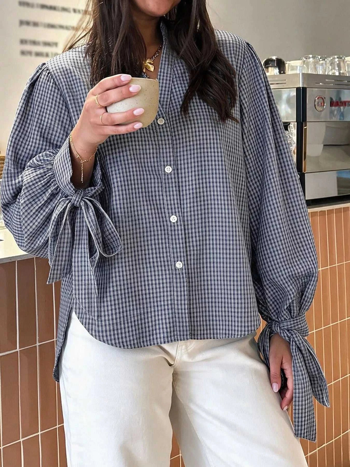Gingham Button Up Shirt with Tie-Sleeve Detail 101001756453060 45 Affordable Fashion Under $100 Jerry's Apparel 