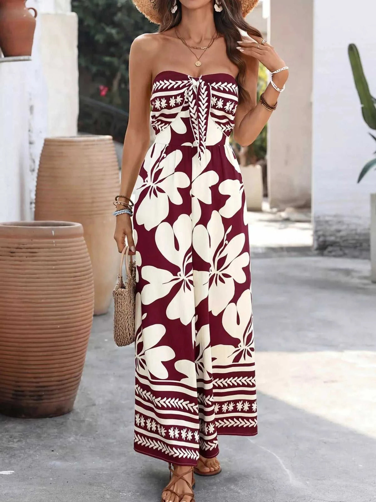 Floral Print Tie Front Strapless Wide Leg Jumpsuit 100100591561067 42 Affordable Fashion Under $100 Jerry's Apparel 