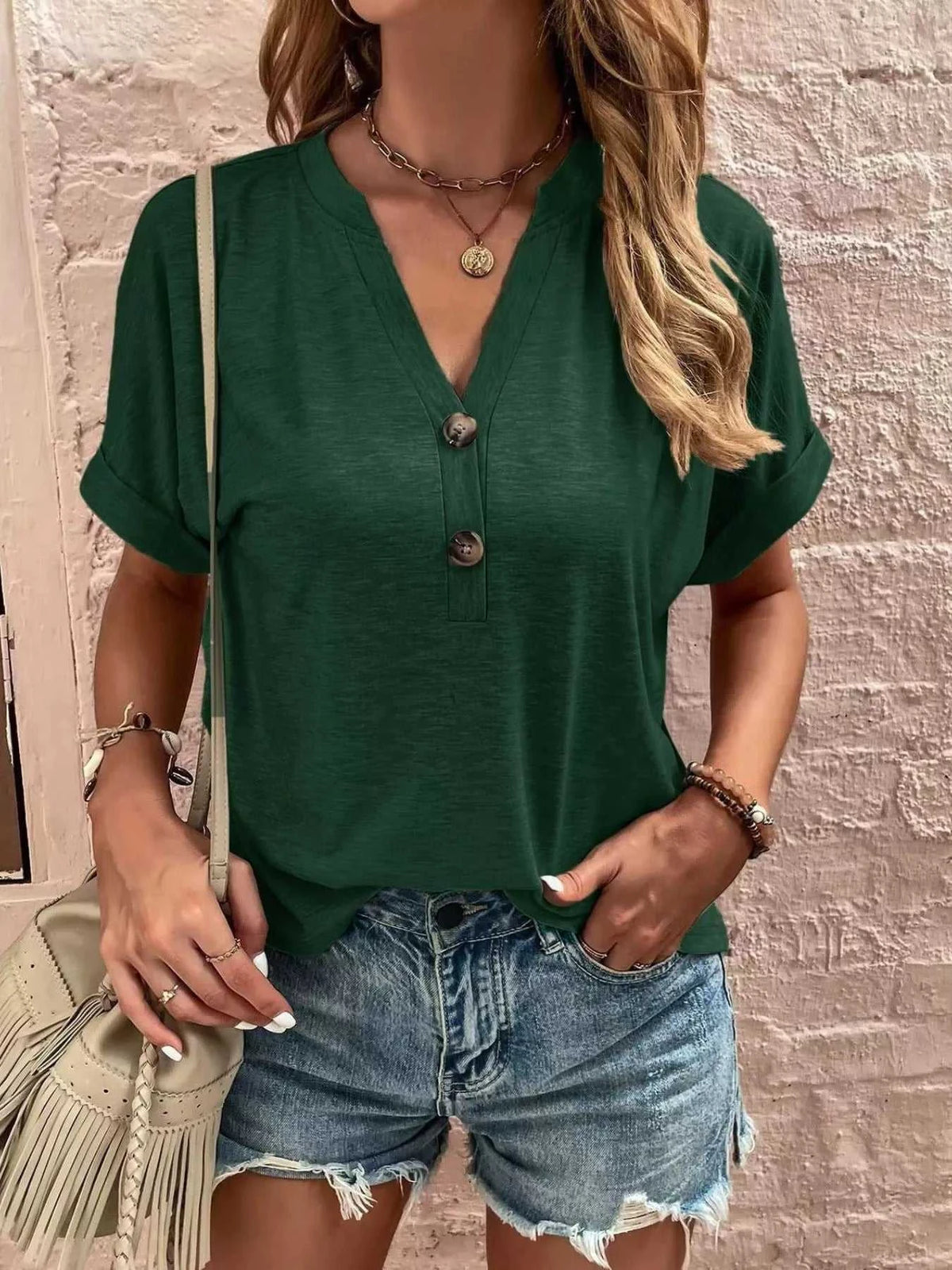 Full Size Notched T-Shirt with Rolled Sleeves Plus Size 100100574144593 26 Women's T-shirts Affordable Fashion Under $100 Jerry's Apparel 