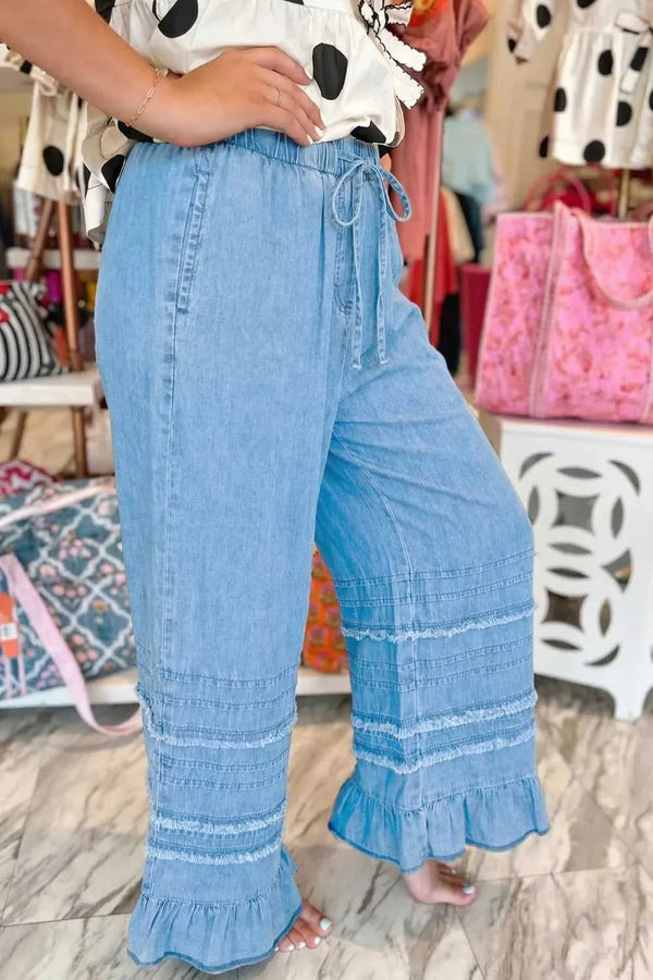 Ruffled Hem Wide Leg Chambray Jeans 100100466980988 74 Affordable Fashion Under $100 Jerry's Apparel 