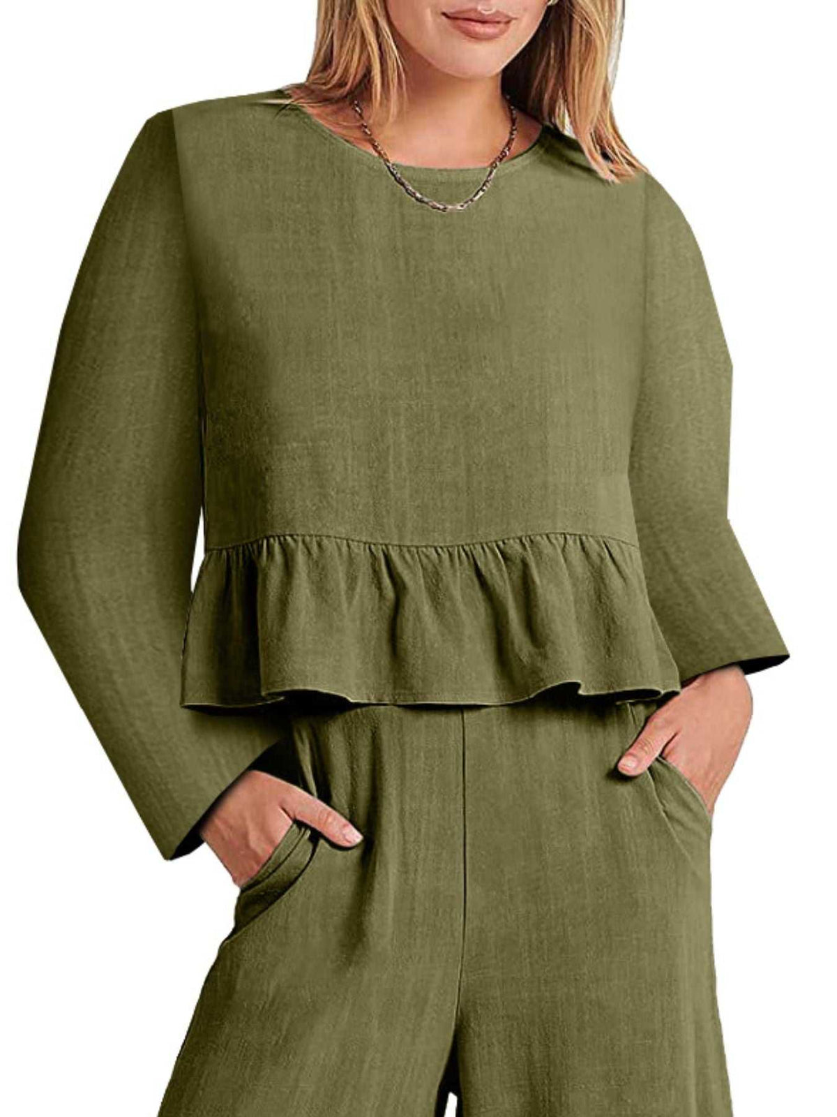 Full Size Ruffled Hem Long Sleeve Top and Pants Set Plus Size 100100344916700 44 Affordable Fashion Under $100 Jerry's Apparel 