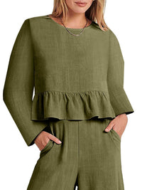 Full Size Ruffled Hem Long Sleeve Top and Pants Set Plus Size 100100344916700 44 Affordable Fashion Under $100 Jerry's Apparel 