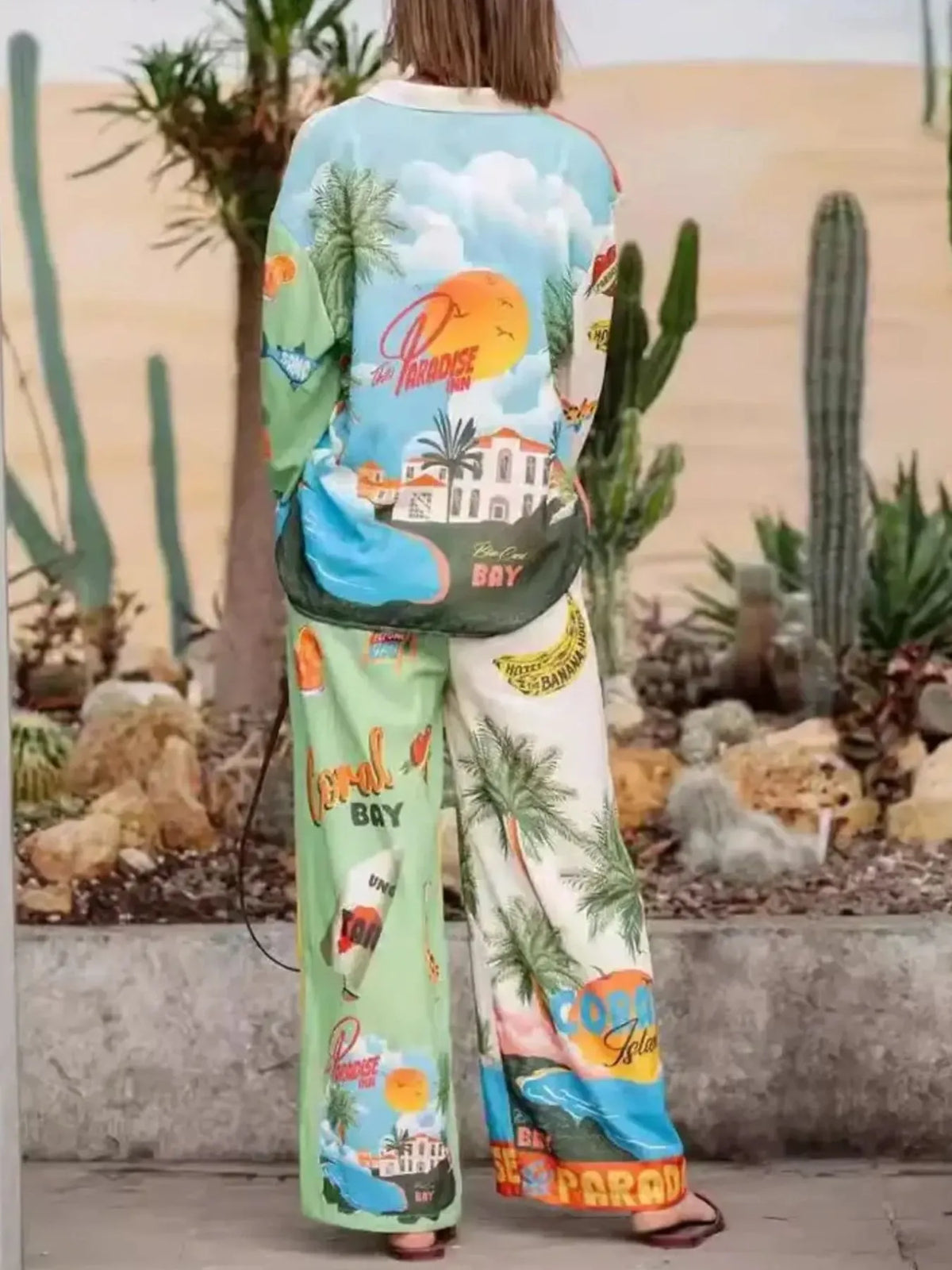 Printed Button Up Shirt and Pants Set