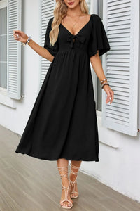 Smocked Tie Front Flutter Sleeve Midi Dress