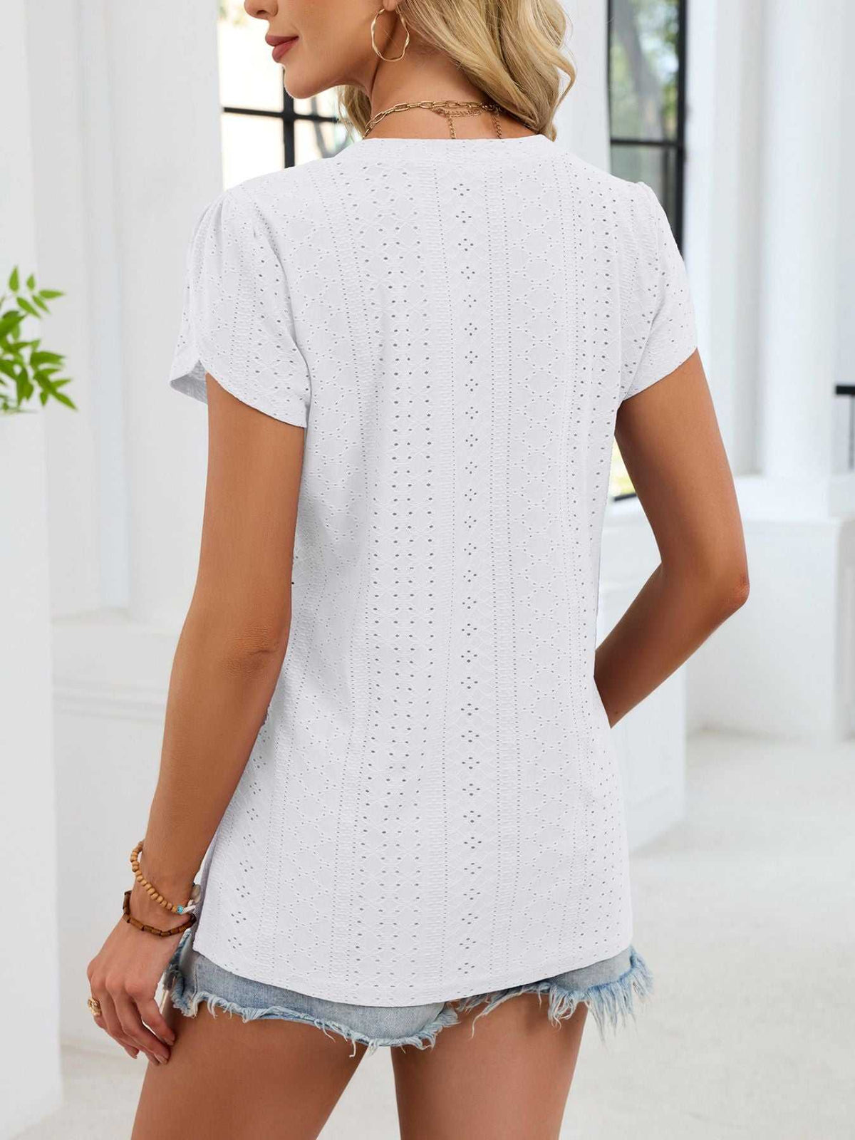Eyelet Petal Sleeve V-Neck T-Shirt 100100180821182 24 Affordable Fashion Under $100 Jerry's Apparel 