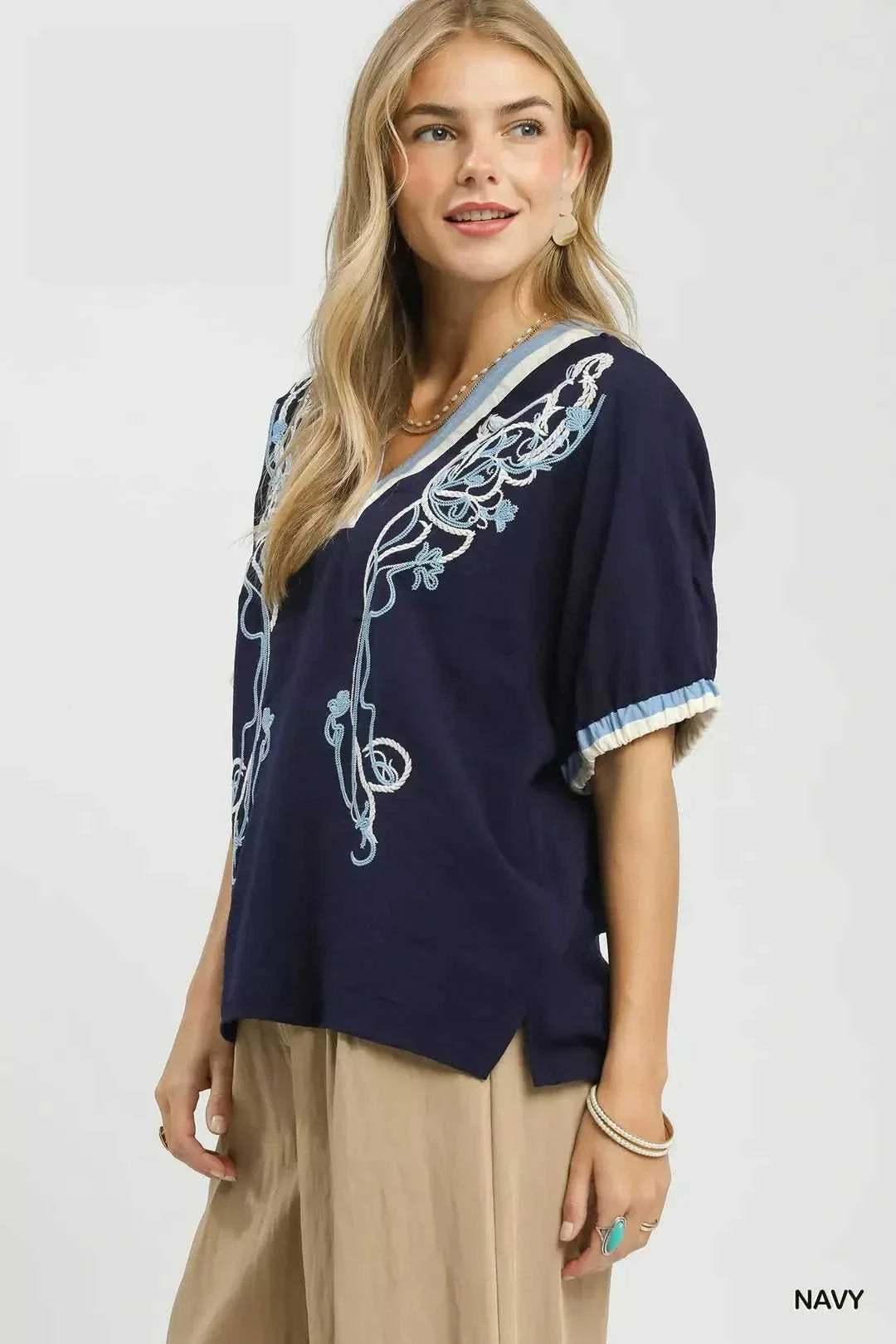 Umgee Embroidered Floral V-Neck Short Sleeve Blouse with Contrast Trim 100100813681836 53 Affordable Fashion Under $100 Jerry's Apparel 