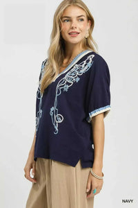 Umgee Embroidered Floral V-Neck Short Sleeve Blouse with Contrast Trim 100100813681836 53 Affordable Fashion Under $100 Jerry's Apparel 