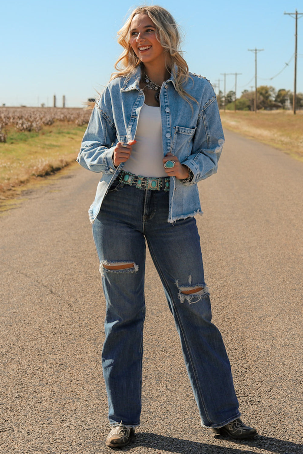 Studded Acid Wash Long Sleeve Denim Jacket