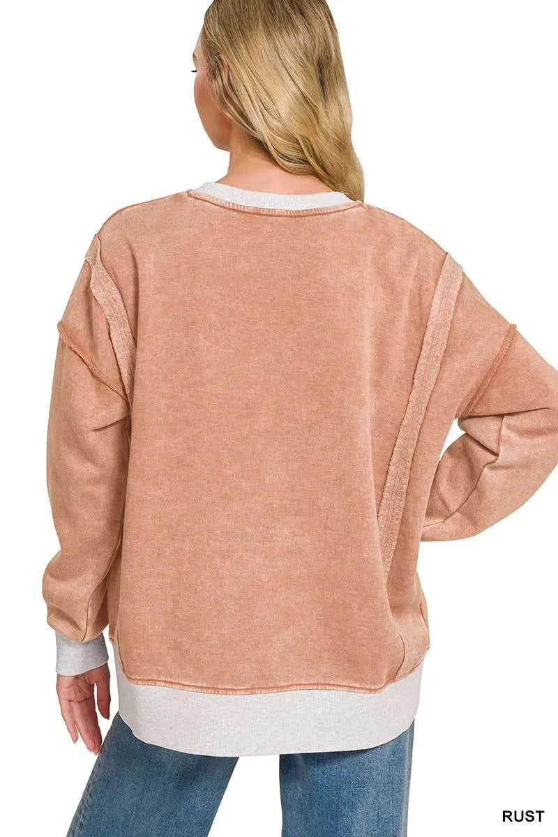 Zenana Fleece Acid Washed Contrast Trim Sweatshirt 100100489051654 39 Affordable Fashion Under $100 Jerry's Apparel 