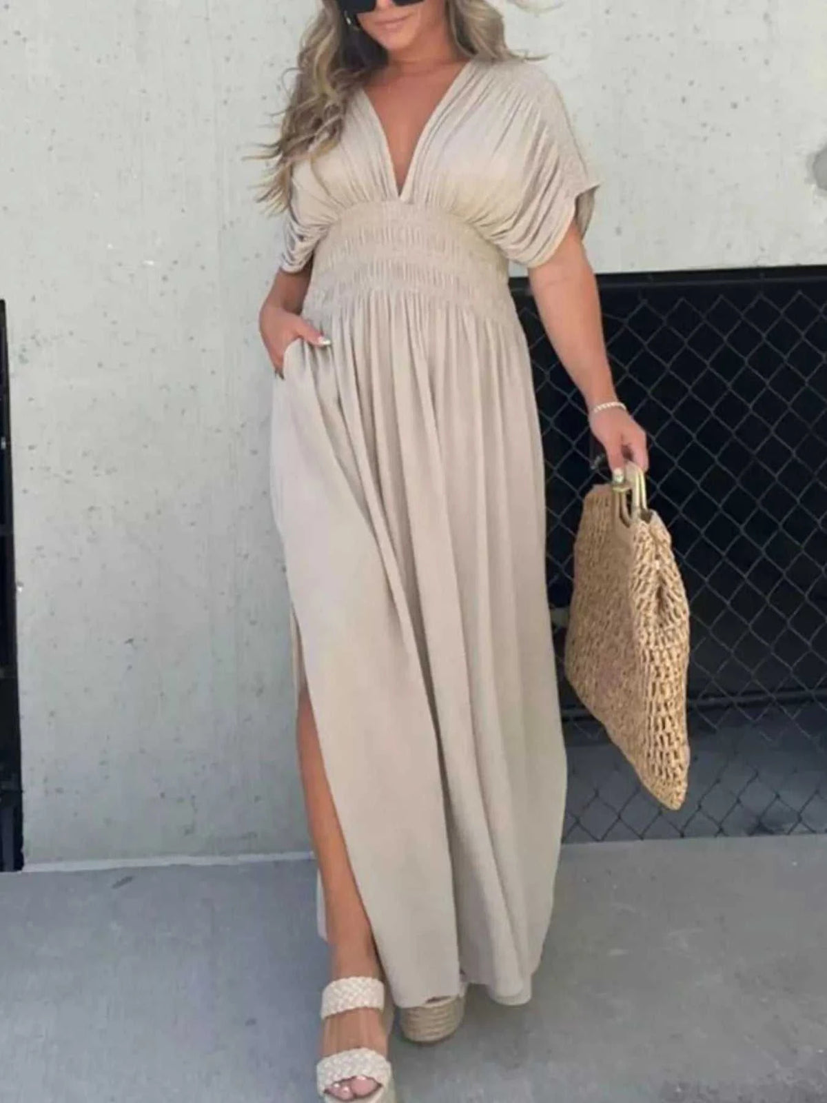 Full Size Slit V-Neck Smocked Waist Maxi Dress Plus Size 100100000480005 59 Gifts for Her Jerry's Apparel 