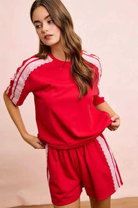 BiBi French Terry Side Lace Detail Short Sleeves Top 100100237661933 42 Jerry's Apparel 