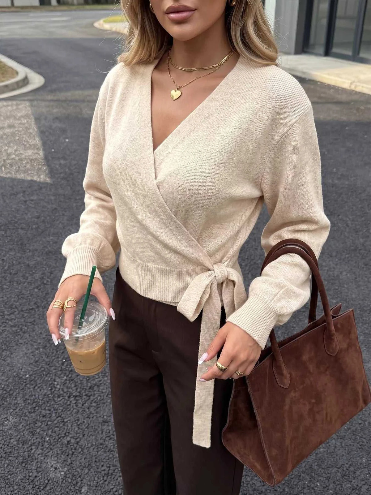 Tied Surplice Long Sleeve Sweater 100100102140940 38 Women's Sweaters and Knitwear Jerry's Apparel 