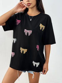 Sequin Bow Round Neck Short Sleeve T-Shirt