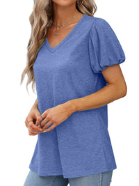 V-Neck Puff Sleeve Casual T-Shirt