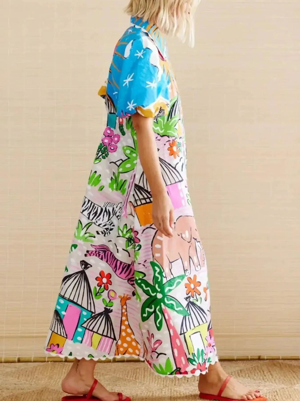 Button Down Tropical Short Sleeve Shirt Dress